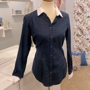 Blue & Green Gingham Collared Shirt (Size 6) With White Collar & Cuffs.